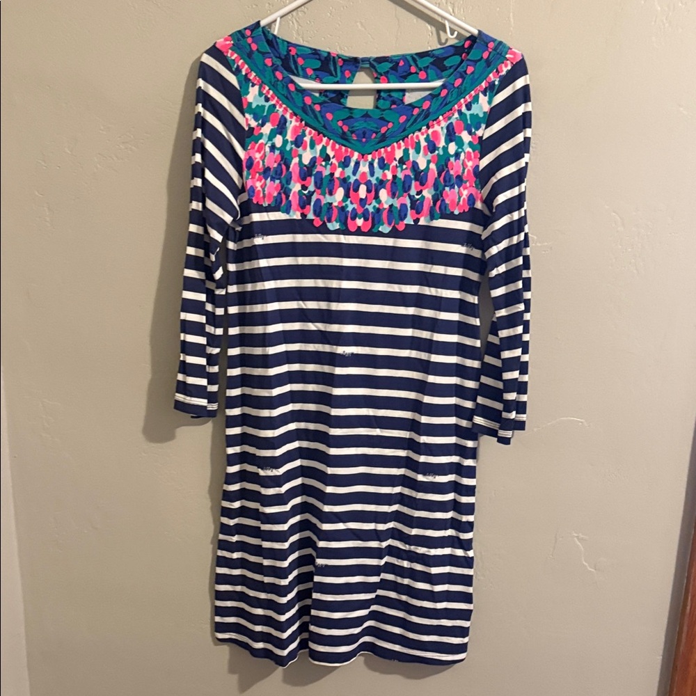 Lilly Pulitzer Navy and White Striped Dress with Pink and Blue Accents